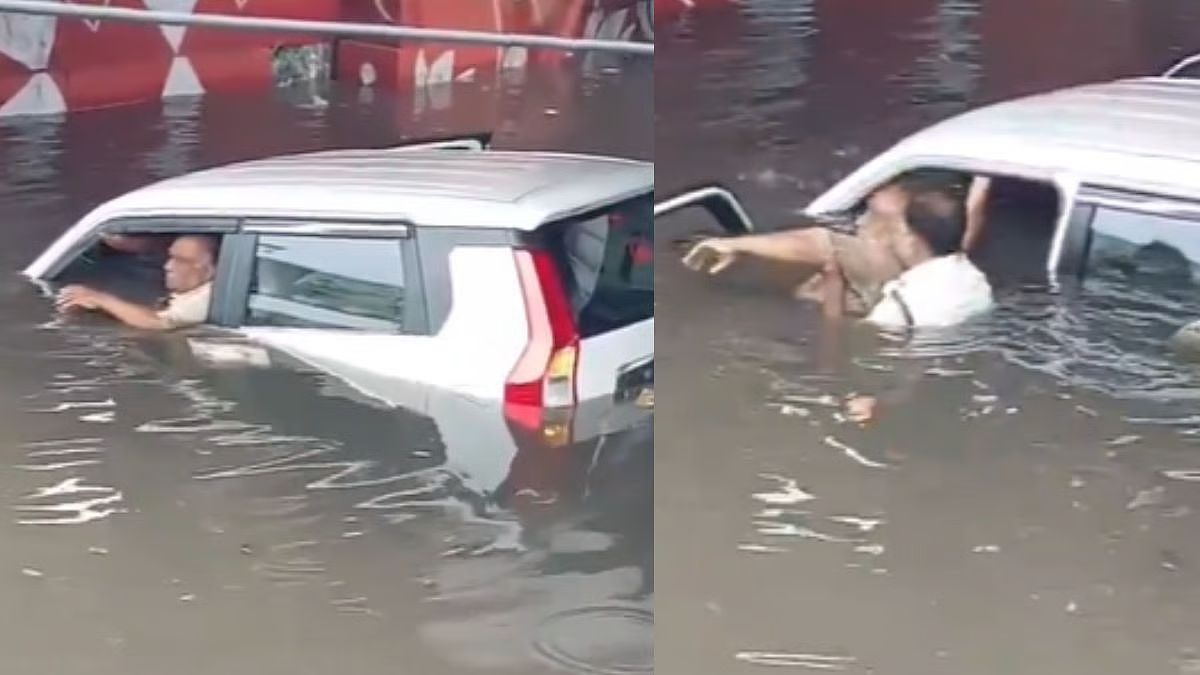 मथुरा में ओवरब्रिज के नीचे जमा पानी में डूबी कार, ट्रैफिक पुलिस ने बहादुरी दिखाकर बचाई जान — वीडियो वायरल