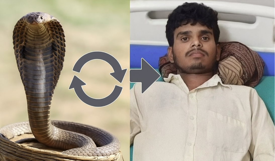 A strange case of snake versus human in Hardoi: A cobra bit a young man, and in anger, the young man also bit the cobra.